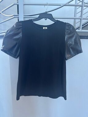 Anne Klein Black Top with Faux Leather Puff Sleeves Size L